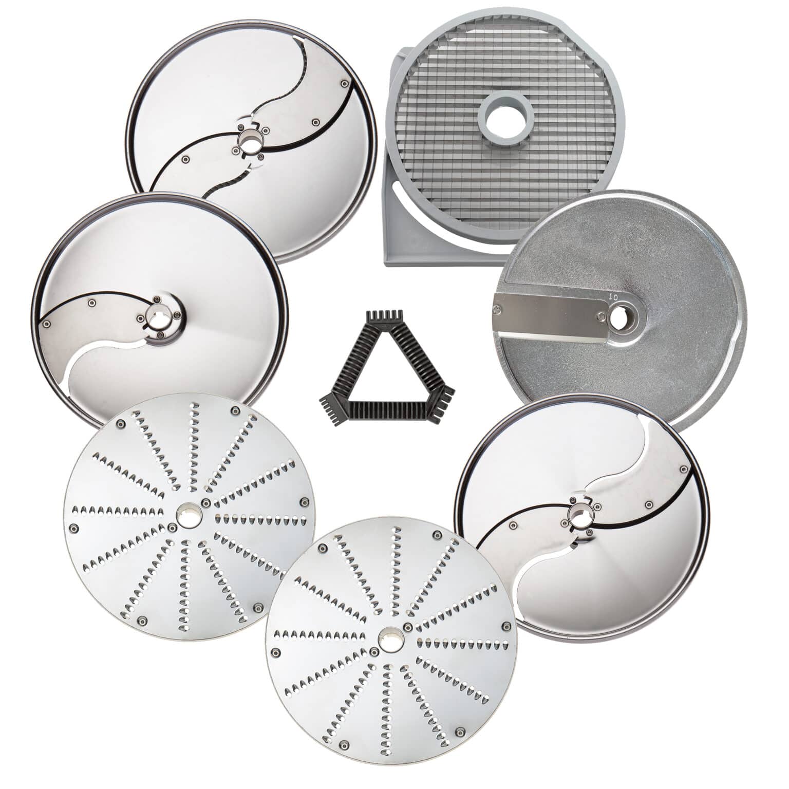 Eurodib Dito Sama,set of 7 Discs (2mm, 5mm and 10mm Slicing Pressing  Discs, 2mm and 7mm Grating Discs, 4x4mm Shredding Disc, 10x10mm Dicing Grid) (650114)